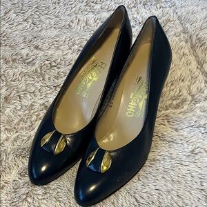 Salvatore Ferragamo navy Pumps with Gold Accents Narrow fit